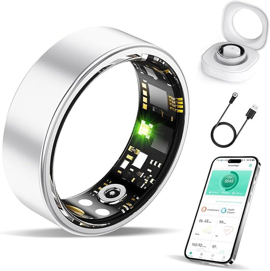 Smart Ring Health Tracker, Fitness Sleep and Heart Rate Monitor Smart Ring, Waterproof Bluetooth Fitness Tracker Ring IPX68 Waterproof (Silver, 8)