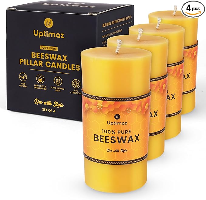 Beeswax Pillar Candles Set of 4, 2x4 Inch, 100% Beeswax Candle with Cotton Wick, Long Burning, Dripless Candle Bees Wax for Home, Décor, Prayer, Emergency