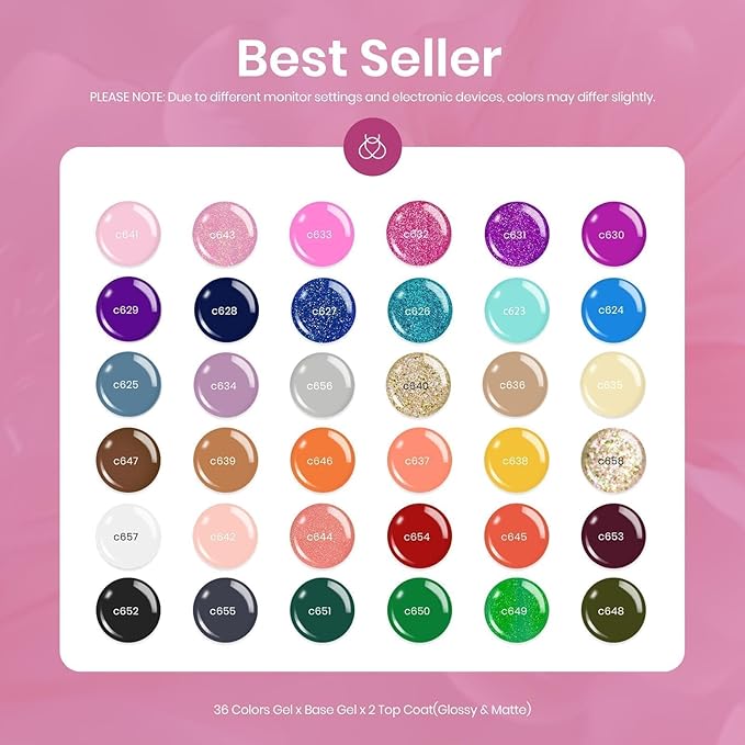 Beetles Fall Gel Nail Polish Set, 36 Colors Gel Polish Set Sparkle Red Pink Glitter Black Nail Kit Free Journey Collection with 3Pcs Base Top Coat Soak off Uv Gel Polish Manicure Kit