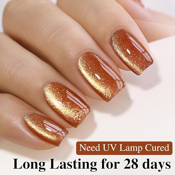 Double Rhythm 0.5 OZ Cat Eye Gel Polish with Magnet 15ML Holographic Glitter Shimmer Translucent Jelly Color Magnetic Gel Polish Salon DIY at Home (Brown-MC1030)