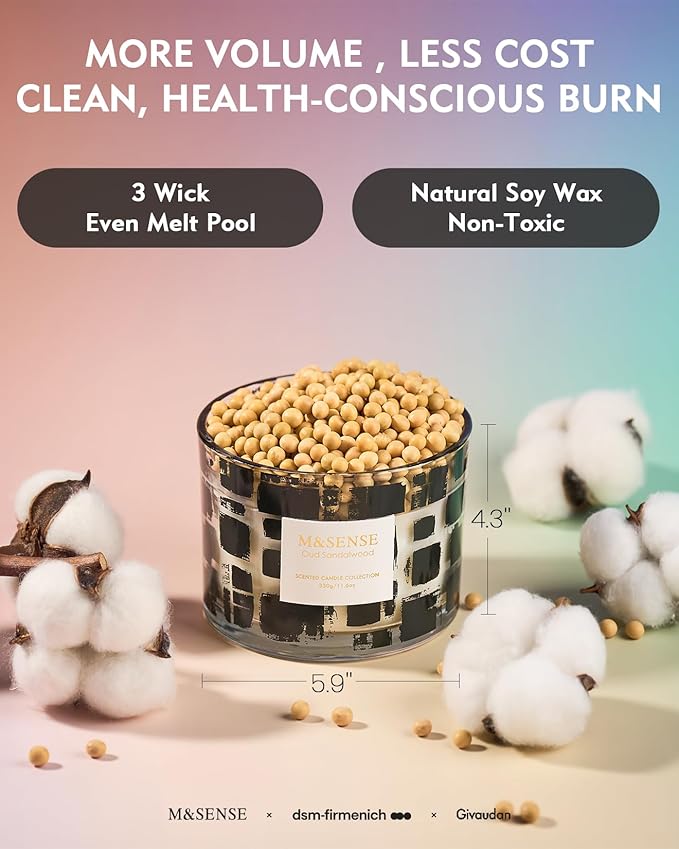 M&SENSE Oud Sandalwood Scented Candle,11.6oz Natural Soy Wax,Non Toxic for Home, 3 Wick Jar Candle, Up to 60 Hours Burn time, Home Decor,Candles for Home Scented