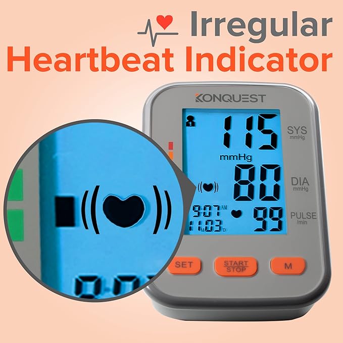 Konquest Automatic Upper Arm Blood Pressure Monitor - Extra Large Cuff 12 ½ ” to 19 ” (32 to 48.5 cm) - Large Backlit Display - Irregular Heartbeat Detector - Blood Pressure Monitor for Home Use