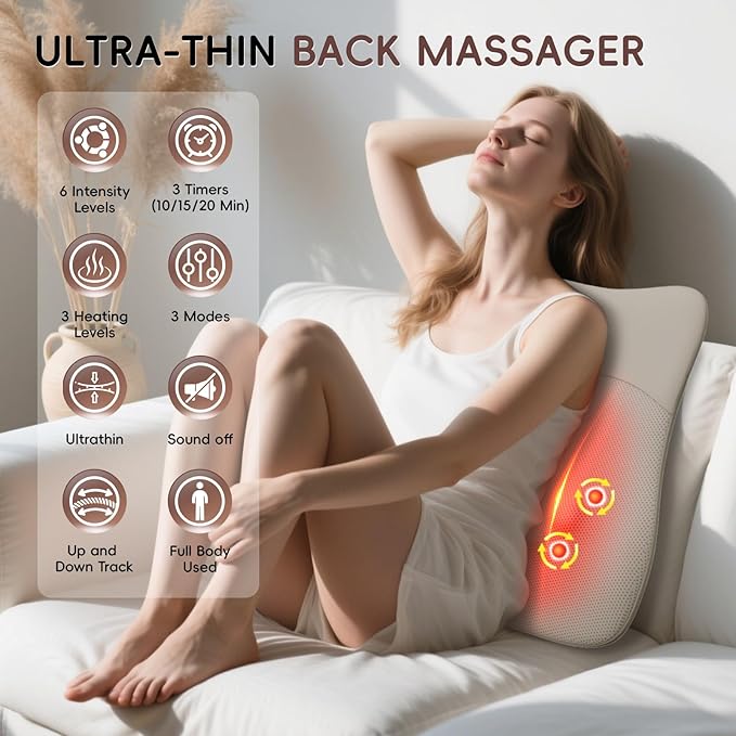 Back Massager, Ultrathin Rolling Up and Down Back Massage with Heat 4D Kneading & Red Light Therapy for Pain Relief Deep Tissue,Shoulder Massager Gift for Men Women Parents Relaxation at Car,Khaki