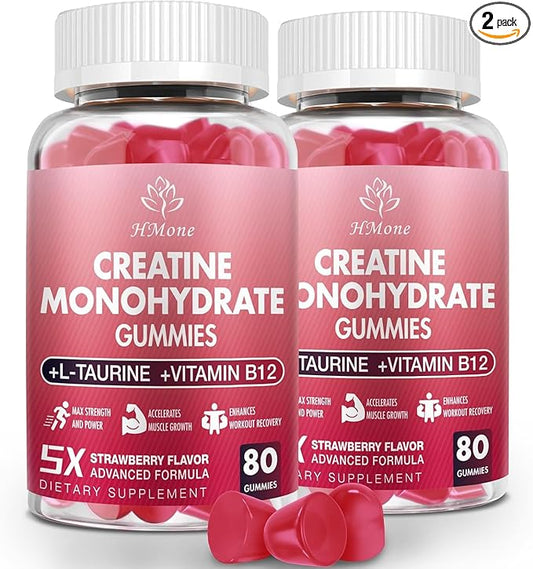 Creatine Monohydrate Gummies - 5g for Men & Women, 160 Count and Creatine Chewable Supplements for Muscle Gain, Muscle Strength, Energy Boost, and Muscle Builder, Sugar Free, Vegan (Strawberry)