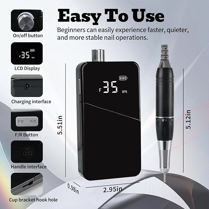 Electric Nail Drill Machine 35000RPM Professional Portable Nail File Cordless Rechargeable Nail Efile for Acrylic Gel Nails Manicure Pedicure Polishing Shape Tools for Salon (Black)