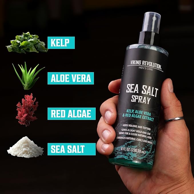 Viking Revolution Sea Salt Spray for Hair Men (8fl oz), Hydrating Hair Oil for Men with Vitamin E (3.38fl oz) and Styling Powder (1oz) - Mens Styling Texturizing Kit