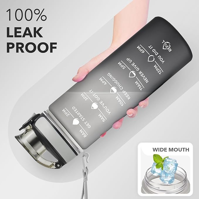 Enerbone Water Bottle, Leakproof BPA & Toxic Free, Motivational Water Bottle with Times to Drink and Straw, Fitness Sports Water Bottle with Strap for Office, Gym, Outdoor Sports