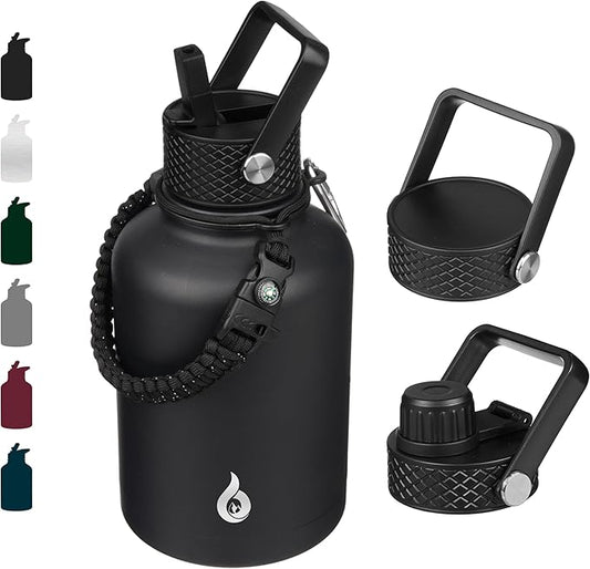 BJPKPK Insulated Water Bottles with Straw Lid, 50oz Large Water Jug, Stainless Steel Vacuum Bottles, Hot & Cold Thermo with 3 Lids and Paracord Handle, Black