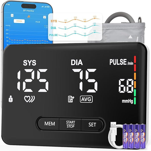 Smart Blood Pressure Monitor for Home Use, Bluetooth Upper Arm BP Machine with Large Cuff 8.66-16.54”, Accurate Digital Monitors 2x199 Readout, 6.89 inch Backlit LED Screen, Work with APP