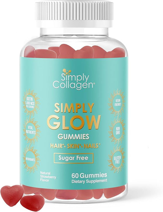 Simply Collagen® Simply Glow Hair, Skin & Nails Gummies – Vegan, Sugar-Free, Gluten-Free – Biotin 5000 mcg – Hair Gummies for Women & Men – 60 Count