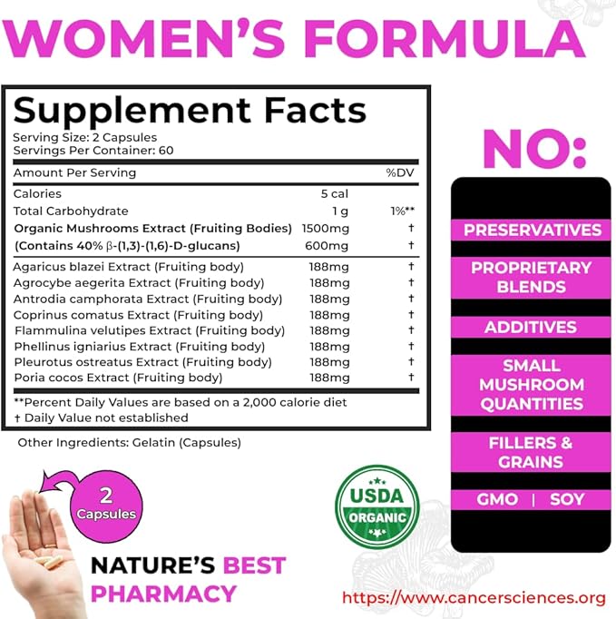 Cancer Sciences Organic Multivitamin for Women - Mushroom Supplement Extract - Hormonal & Immune Support Vitamins - 1,500mg Non-GMO Wellness Mushroom Complex with 40% Beta-Glucans,120 Capsules