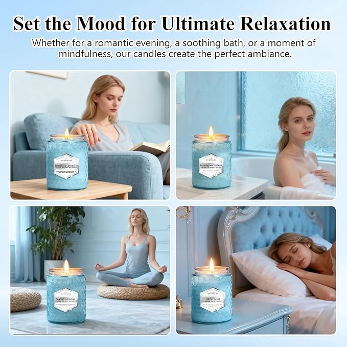Lake Blue Candles for Home Scented, 6 Pack of 5.5 Oz Natural Soy Wax Candles in Decorative Glass, Home Aromatherapy Gifts Sets for Women Birthday Christmas Refresh & Relaxation