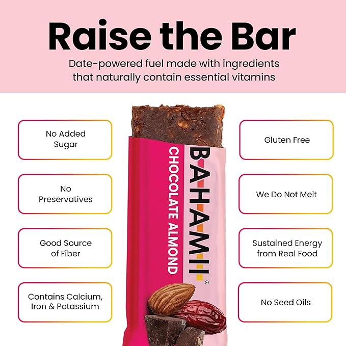 Bahamii Chocolate Almond Nut & Date Bars, 12 Pack, Gluten Free & 0g Added Sugar Low Calorie Snacks, Delicious Snack Bar with Almonds, Dates, Organic Cocoa, Vanilla, Sea Salt, Diabetic Snacks