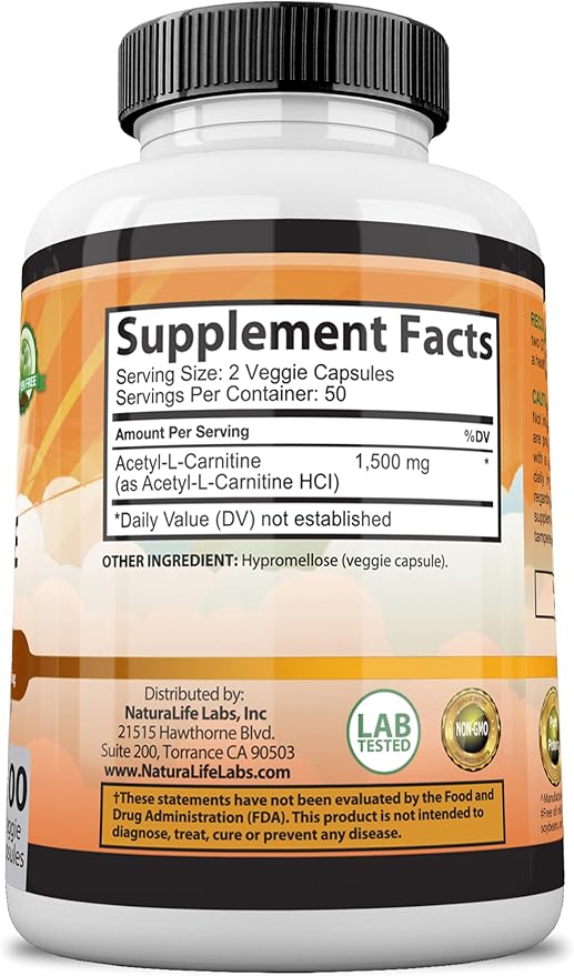 Acetyl L-Carnitine (ALCAR) 1500 mg per Serving – 100 Capsules – Non-GMO, Gluten-Free, Vegan