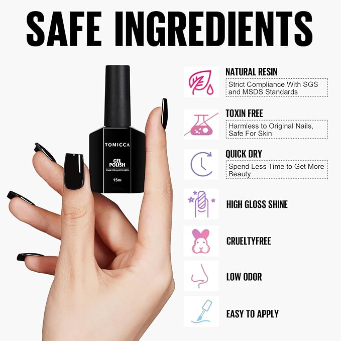 TOMICCA Black Gel Nail Polish, 15ml Black Nail Polish Fast Dry Soak Off UV LED Cure Needed Pure Color Long Lasting Nail Art Manicure Salon DIY Design
