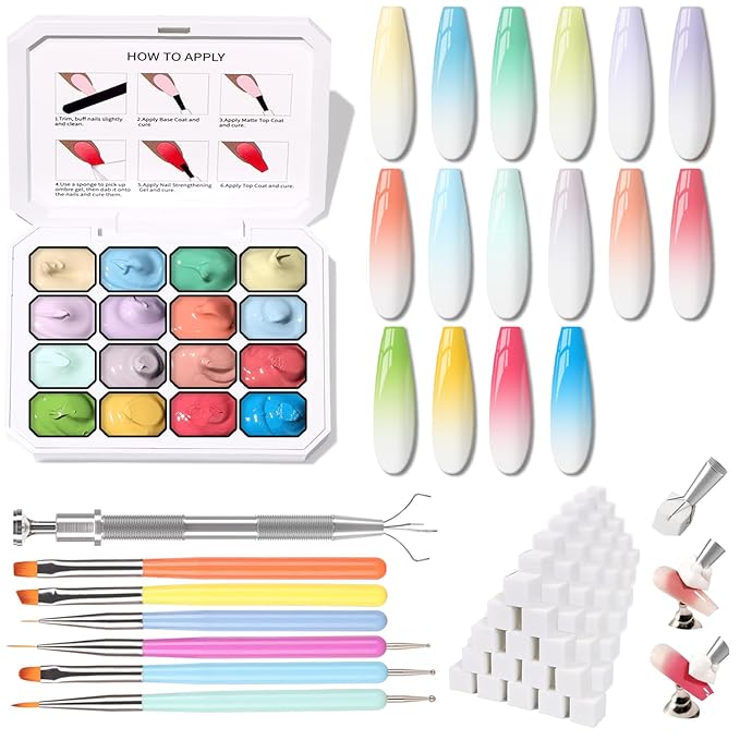 Sponges Pat Gel Nail Polish Palette, 16 Colors Blending Ombre Gel Polish Set Patting Gradient Painting Nails Art, No Wipe, UV/LED Cured, 100Sponges 6Brushes 1Grabber Tools Kit (Set 07)