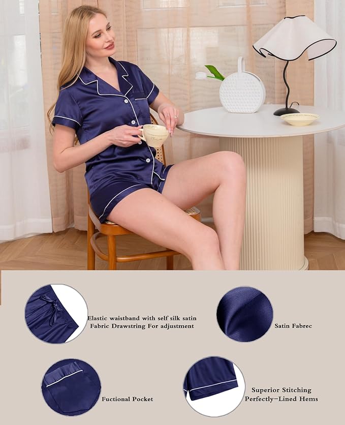 4Pcs Womens Satin Silky Pajama Sets Short Sleeve Shirt XS-4XL Floral Pajamas Set Soft PJ Loungewear Sleepwear