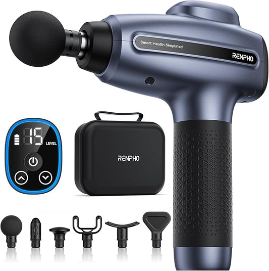 RENPHO Massage Gun Deep Tissue, Percussion Muscle Massage Gun for Athletes, Electric Handheld Massager Gun for Pain Relief Relax 6 Massage Head, 15 Speed Blue
