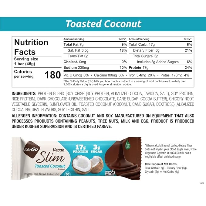 NuGo Slim Dark Chocolate Toasted Coconut, 16g Vegan Protein, 3g Sugar, 7g Fiber, Low Net Carb, Keto Friendly, Gluten Free, 12 C