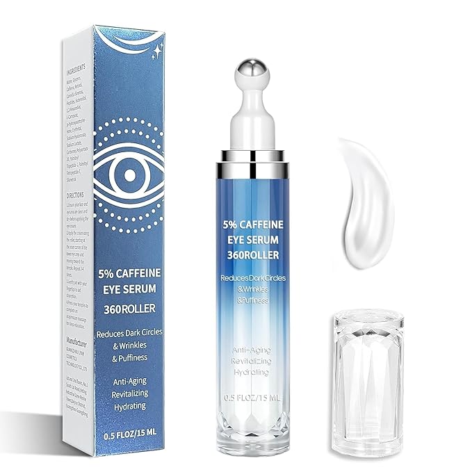 5% Caffeine & Retinol Eye Cream with 360° Roller – Hydrating & Anti-Aging Formula for Fine Lines, Puffiness, Dark Circles & Bags – Moisturizing Treatment Serum for Women & Men