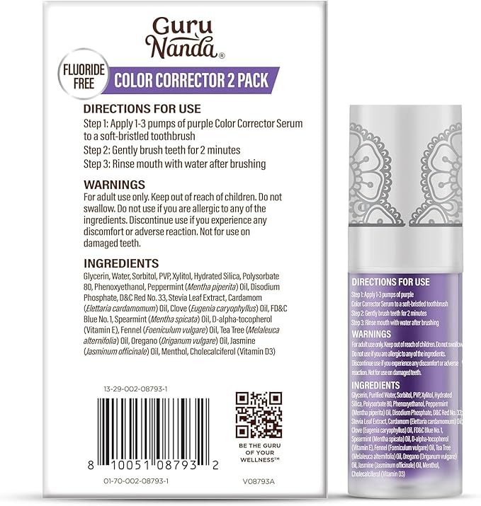 GuruNanda Purple Color Corrector Serum, Fluoride-Free & Gentle, Instant Teeth Whitening, with Essential Oils, Up to 50 Uses, 2 Pack
