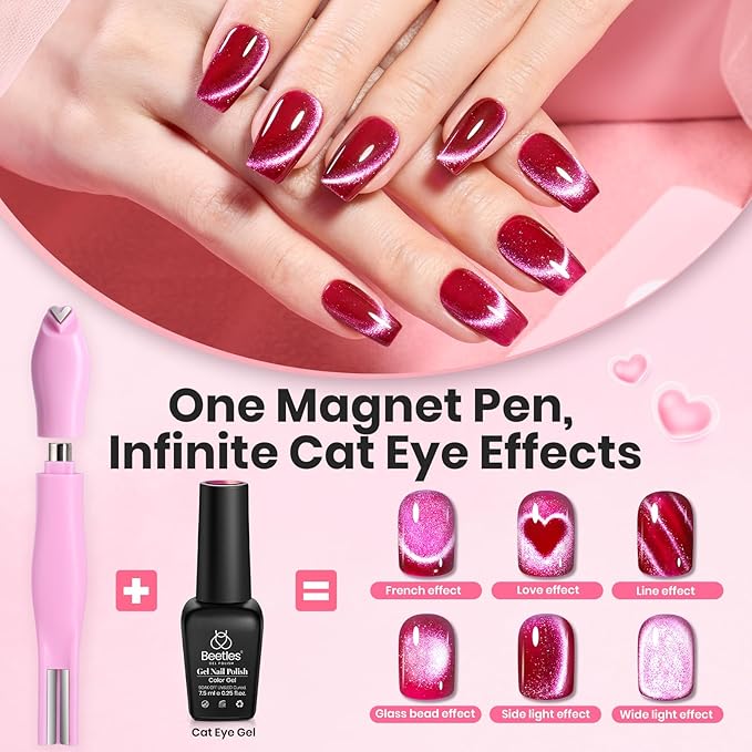 Beetles Cat Eye Magnet for Nails - 3 in 1 Nail Magnet for Cat Eye Gel Nail Polish Heart/French/Stripe/Glass Bead/Side Light/Wide Light Effect Magnetic Nails Art Tools Home DIY Salon Manicure Design