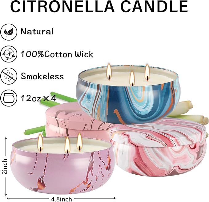 4 Pack Citronella Candles-3 Wick Scented Candles,Outdoor Candle Bulk 12 oz Large Candle Gift for Patio,Summer Gifts,Anniversaries GIF.