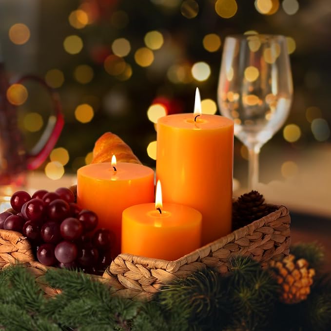 KONNI Orange Pillar Candles Set of 3, 3"x 6" Unscented Pillar Candles Bulk, 56 Hours Long Burning Candles, Smokeless&Dripless Large Round Candle for Wedding, Home Decoration, Parties, Spas, Dinner