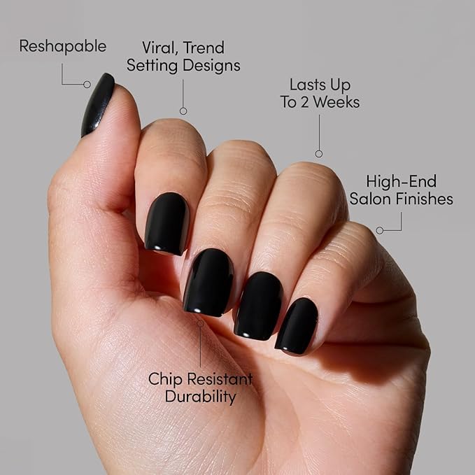 Glamnetic Press On Nails - Jet Black | Short Squoval Black Fake Nails with a Glossy Finish, Salon Quality Halloween Nails | 15 Sizes - 30 Nail Kit with Glue