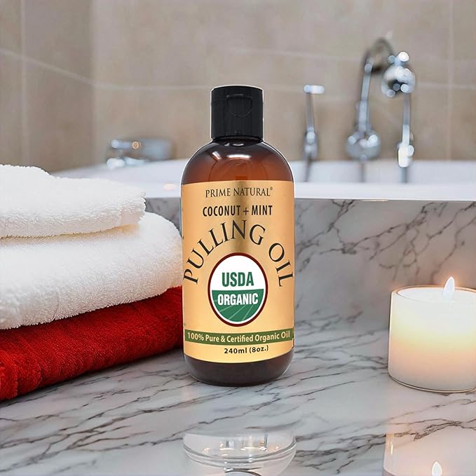 PRIME NATURAL Oil Pulling with Organic Coconut & Organic Peppermint Oil 8oz | Cocomint | Natural Oral Care & Teeth Whitening | Alcohol Free Mouthwash Freshens Breath, Healthier Teeth & Gums