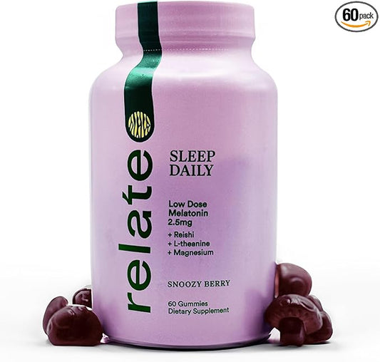 Relate Sleep Daily Gummies - Mushroom-Infused Sleep Support with Low-Dose Melatonin, Magnesium, L-Theanine, Lion's Mane, Reishi, Cordyceps, and Turkey Tail Mushrooms - Vegan, Made in USA - 60 Count