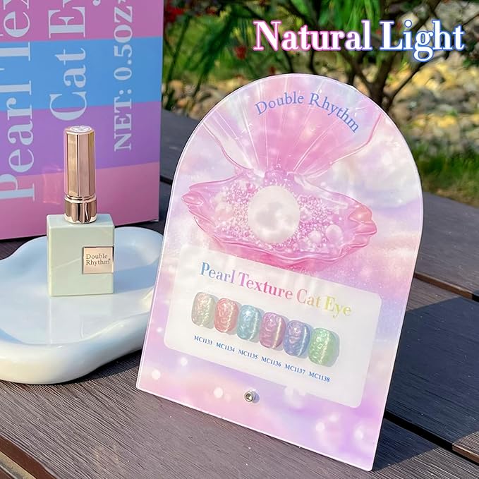 Double Rhythm Cat Eye Gel Nail Polish Set of 6 Same Color Same Bottle 0.5 Oz Shimmer Glitter with Magnet Holographic Reflective Magnetic UV Nail Polish Kit (Pearl Pink Blue Green Purple-T6-36)