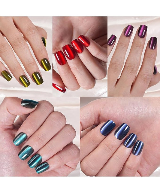 Misssix Cat Eye Press On Nails, 150Pcs Short Square Cat Eye Nail Tips, Glossy Glitter Soft Gel Stick On Nails, Reusable Fake Nails for Nail Art DIY 15 Sizes