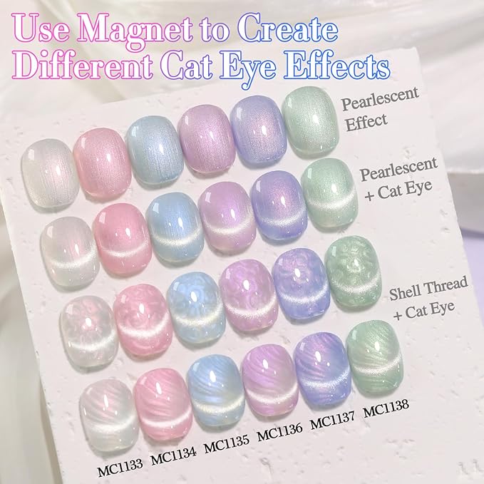 Double Rhythm Cat Eye Gel Nail Polish Set of 6 Same Color Same Bottle 0.5 Oz Shimmer Glitter with Magnet Holographic Reflective Magnetic UV Nail Polish Kit (Pearl Pink Blue Green Purple-T6-36)