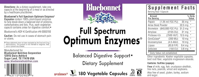 BlueBonnet Full Spectrum Optimum Digestive Enzymes - 9 Plant-Based Proteolytic Enzymes - Papaya, Bromelain, Amylase Gut Health for Women & Men - Vegan & Gluten-Free - 180 Vegetable Capsules