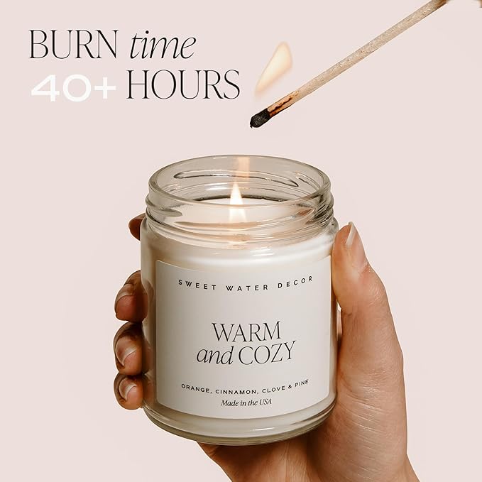 Sweet Water Decor Hello Fall Candle - Cinnamon Apples Cloves & Nutmeg Fall Scented Candle for Home Decor - 100% Cotton Wick Halloween Candle with 40 Hour Burn Time - Made in The USA - 9oz Clear Jar