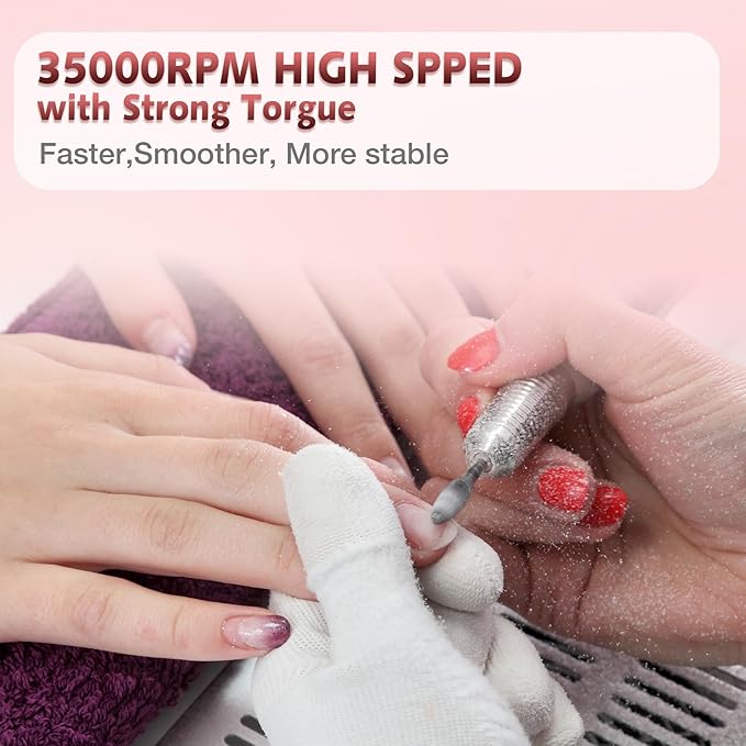 Professional Nail Drill Machine, HoMove 35000RPM Portable Nail Drills, Rechargeable Efile Nails Drill, Low Heat Electric Nail File for Acrylic Gel Nails(Rose Gold)
