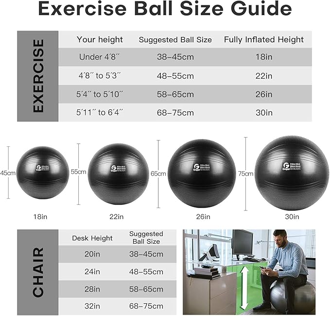 Gruper Yoga Ball, 18-30 Inch Extra Thick Exercise Ball for Workout Fitness Balance, Anti Burst Chair for Home and Office Desk, Includes Hand Pump & Workout Guide Access