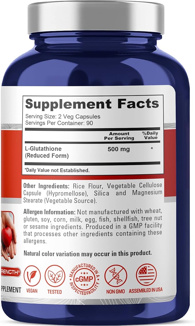 NusaPure Reduced Glutathione 500mg 180 Veggie Capsules (Vegan,Non-GMO) L-Glutathione