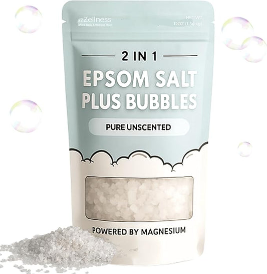 Epsom Salt Plus Bubbles – Pure Unscented Foaming Bath Soak – Magnesium Sulfate for Muscle Recovery, Stress Relief & Relaxation – Great for Aromatherapy – 12 oz