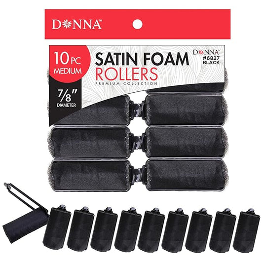 DONNA Silky Sastin Foam Roller 7/8"(D) MEDIUM 10PCS Hair Curlers with Clips for Heatless Hairdressing and Styling - BLACK