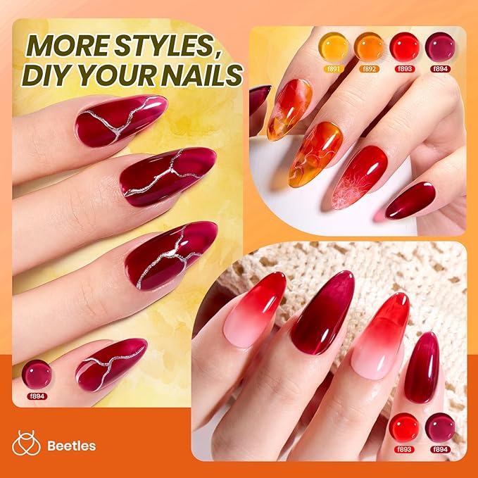 Beetles Jelly Gel Nail Polish Set - Autumn Prism Jelly Gel Polish, 6 Colors Fall Gel Polish Kit Yellow Orange Burgundy Red Purple Green Sheer Translucent Soak off UV Nail Art Manicure Gift for Women