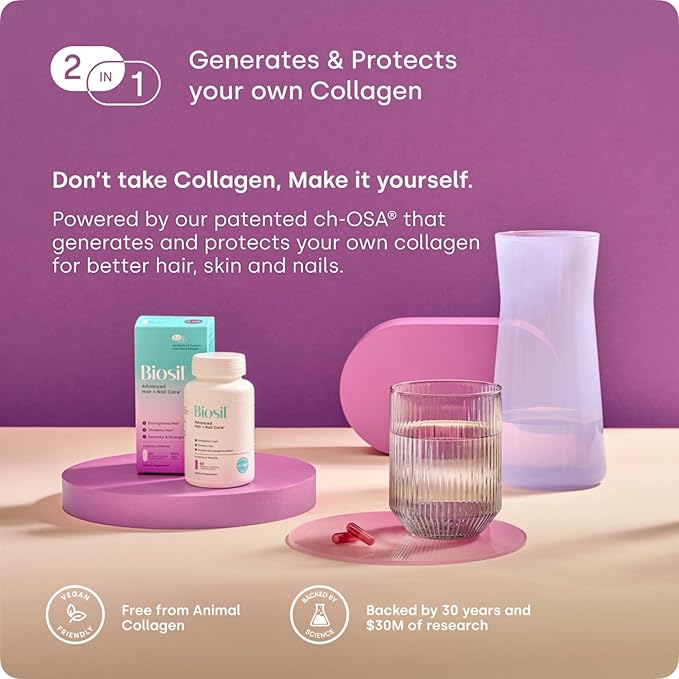 Biosil Advanced Hair + Nail Care - Growth Vitamins for Women - Strengthen & Thicken Strands - 60 Capsules - Patented ch-OSA - 30-Day Supply