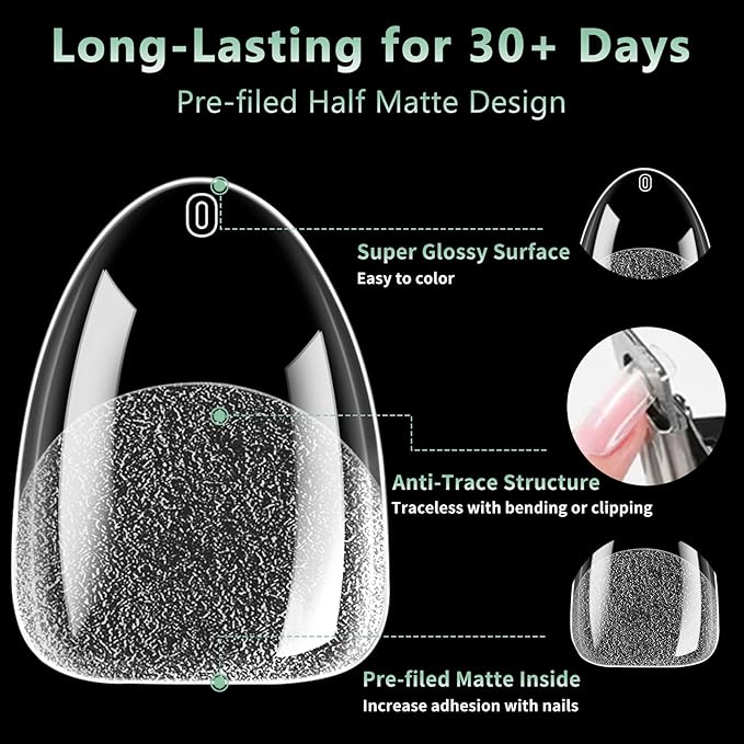 Extra Short Almond Nail Tips, 216pcs Acrylic Soft Fake Nails Gel Nail Tips, Full Cover Pre-Shaped Matte Clear Press on Nails for Extension, Diy at Home Manicure 12 Sizes
