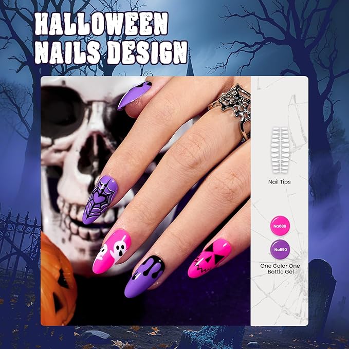 Beetles Halloween Gel Nail Polish Set with Mini LED Nail Lamp Purple Red Green Yellow Gel Polish with Base Top Coat Nail Art Brushes Salon DIY Gift Basket for Women