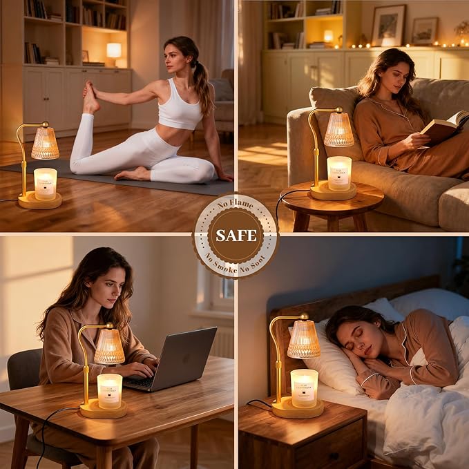 Candle Warmer Lamp Adjustable Height & Dimmable, Electric Candle Warmers for Jar Candles, Home Decor Lamp with Timer, Perfect Gifts for Women Men, Safe Night Light for Bedroom Office (Amber-wood)
