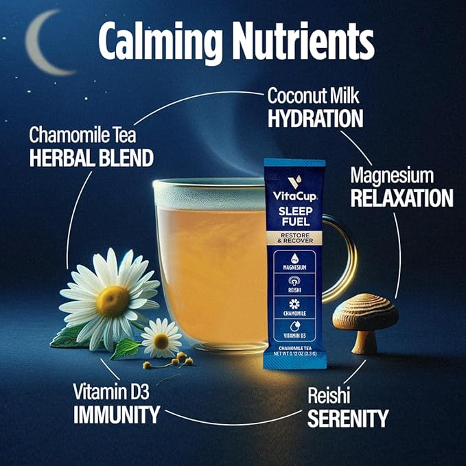 VitaCup Sleep Fuel Instant Tea Packets for Deep REM Sleep, Relax & De-Stress w/Chamomile, Magnesium, Vitamin D3, Coconut Water, Coconut Milk, Potassium, Calming for Full Body Relaxation, 48Ct