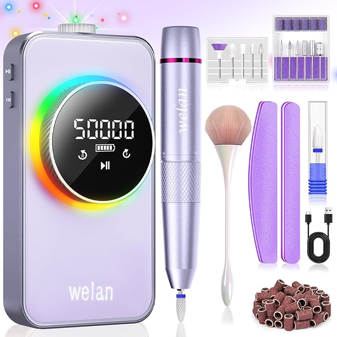Electric Nail Drill Professional, 50000RPM Electric Nail File Portable Nail Drill Kit 6000mAh Rechargeable Machine for Acrylic Gel Nail, Manicure Pedicure Polishing Nail for Salon Home Purple