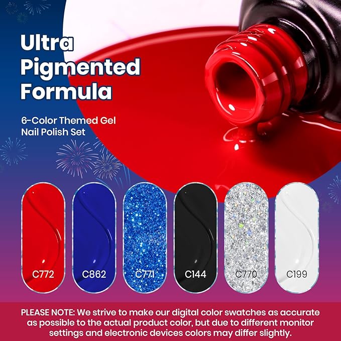 Beetles 4th of July Gel Nail Polish Set - 6 Colors Red White Navy Blue Gel Polish Sliver Glitter Gel Polish Soak Off Uv Nail Lamp for the 4th of July Nails Manicure DIY Nail Art Design Gift for Women