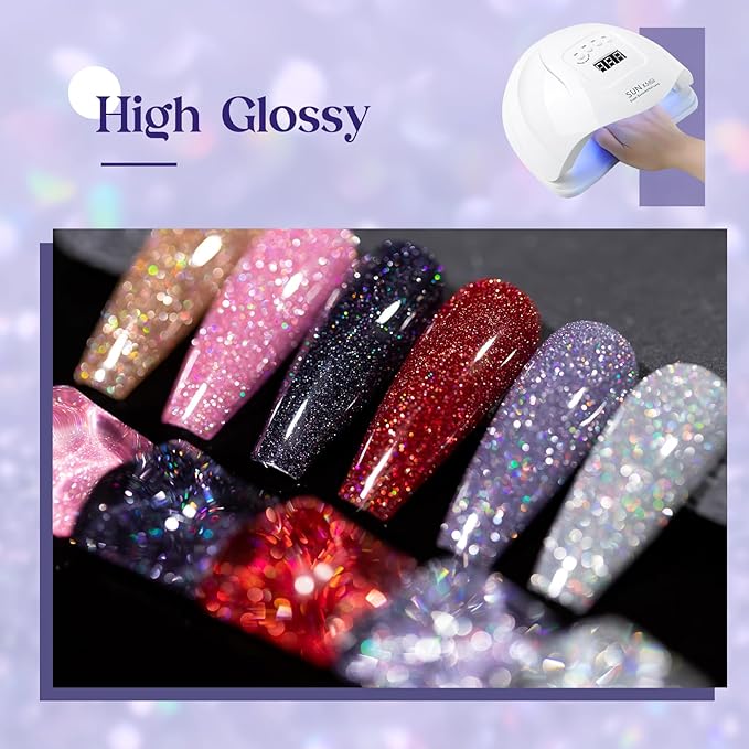 MIZHSE Reflective Glitter Gel Nail Polish, Holographic Glitter Gel Polish Set Sparkly Shiny Bling Nail Polish Soak Off UV/LED Nail Art Manicure Kit